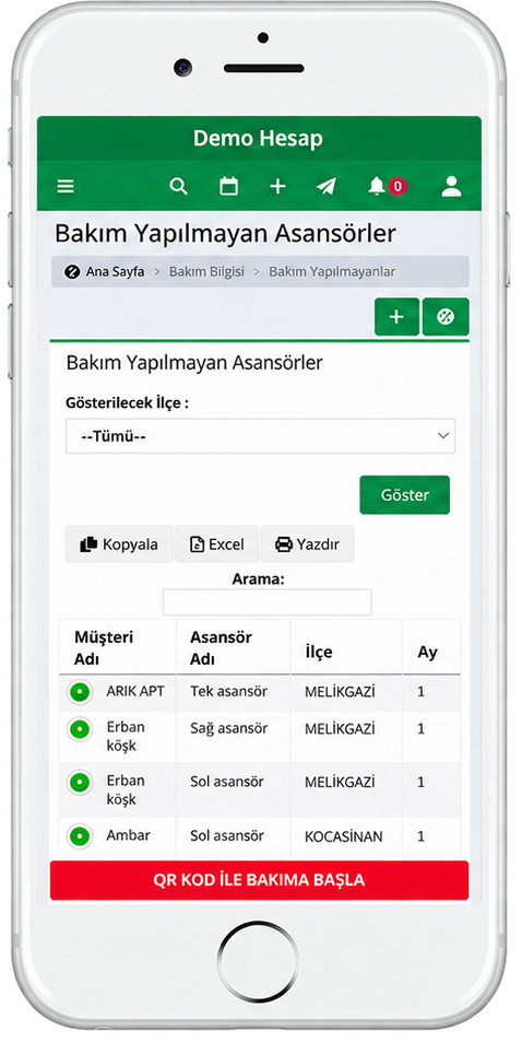 AsTakip bakım takibi mobil ekranı