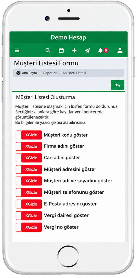AsTakip raporlama mobil ekranı