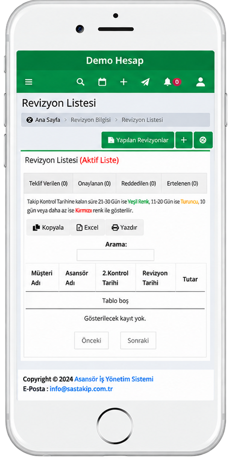 AsTakip revizyon yönetimi mobil ekranı
